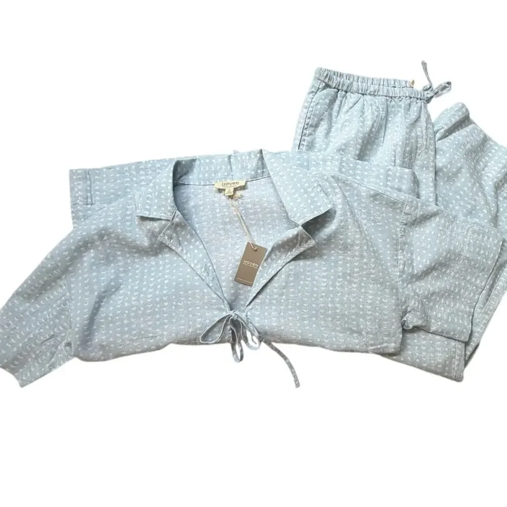 NWT Haven Well Within Cotton Linen Faded Dot Pajama Set Medium Saltwater Blue